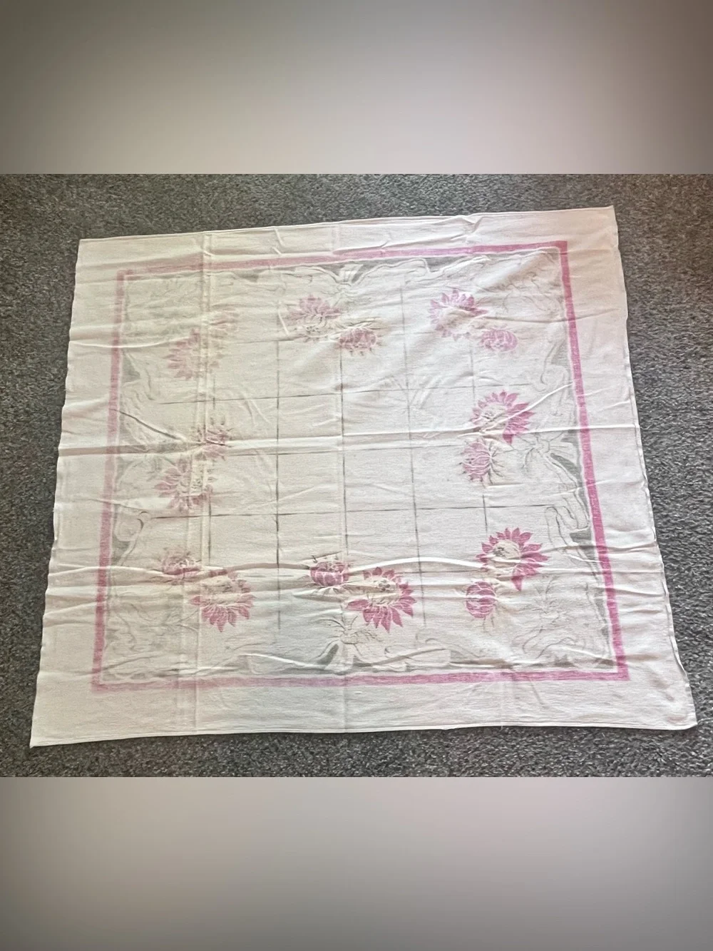 Set of 2 1950s tablecloths Pennsylvania PA Dutch Folk Art 56” Round & floral sq